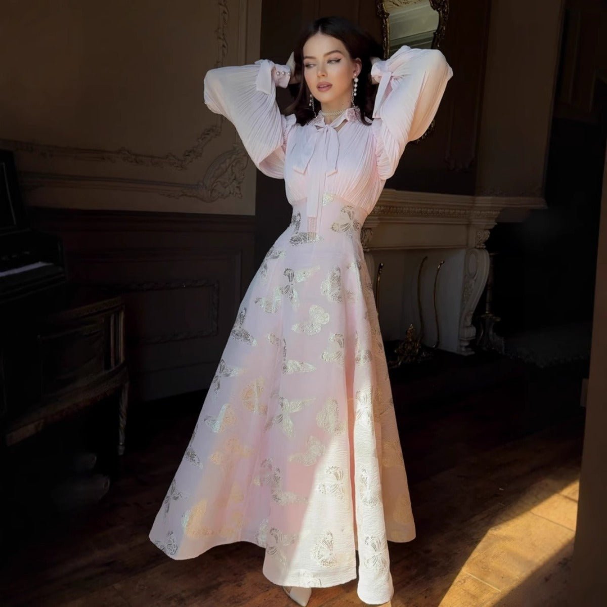 Elegant Long Sleeve Maxi Dress, Butterfly Patterned Abaya / Long Dress Gown (MA219)
