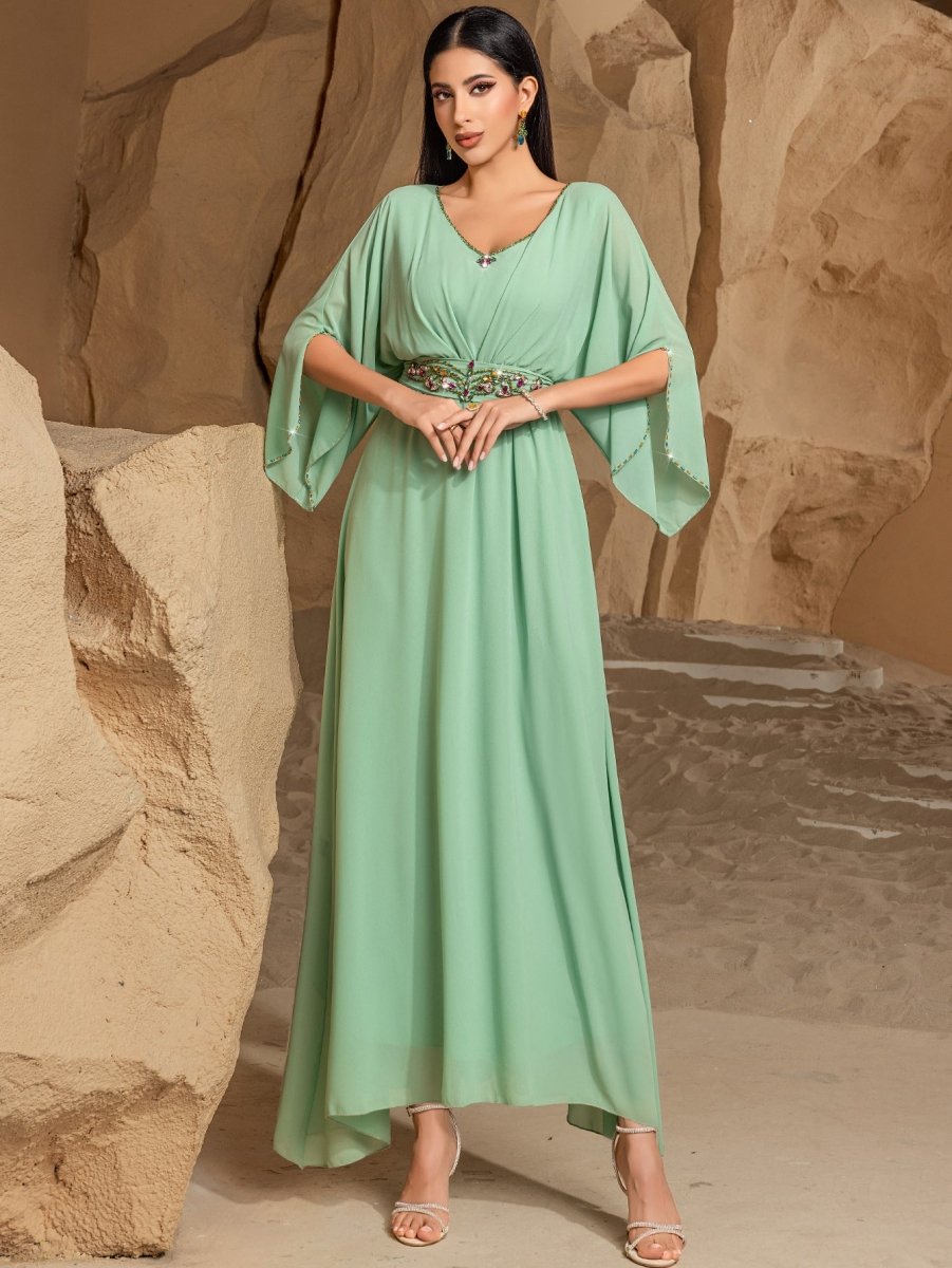 Elegant Mint Green V - Neck Swing Flowy A - Line Maxi Dress with Bell Sleeves & Embellished Belt Abaya. (MA189) - Mariam's Collection