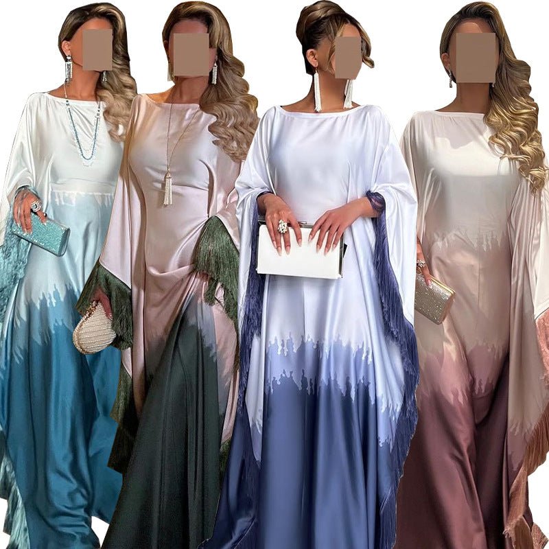 Elegant Ombre Gradient Abaya | Gradient Print Fringed Robe Dress Abaya