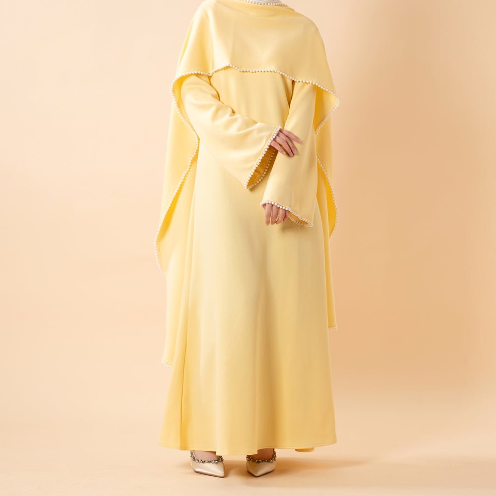 Elegant Pearl Embellished Cape Sleeve Evening Dress(MA337) - Mariam's Collection