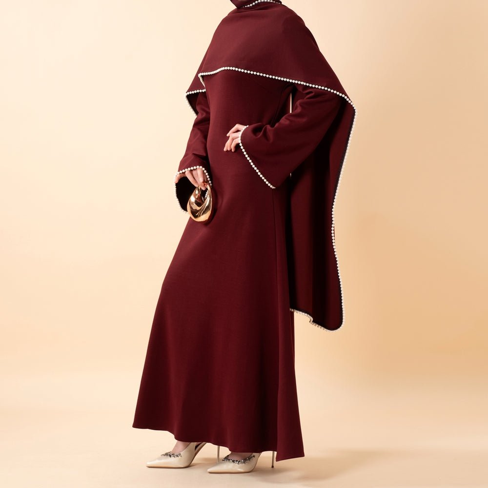 Elegant Pearl Embellished Cape Sleeve Evening Dress(MA337) - Mariam's Collection