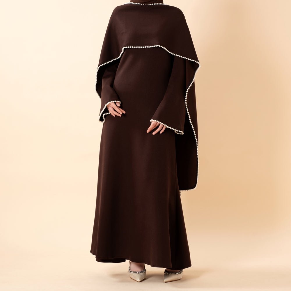 Elegant Pearl Embellished Cape Sleeve Evening Dress(MA337) - Mariam's Collection