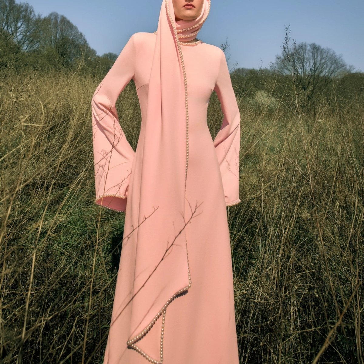 Pearl Embellished Cape Sleeve Evening Dress – Luxury Abaya