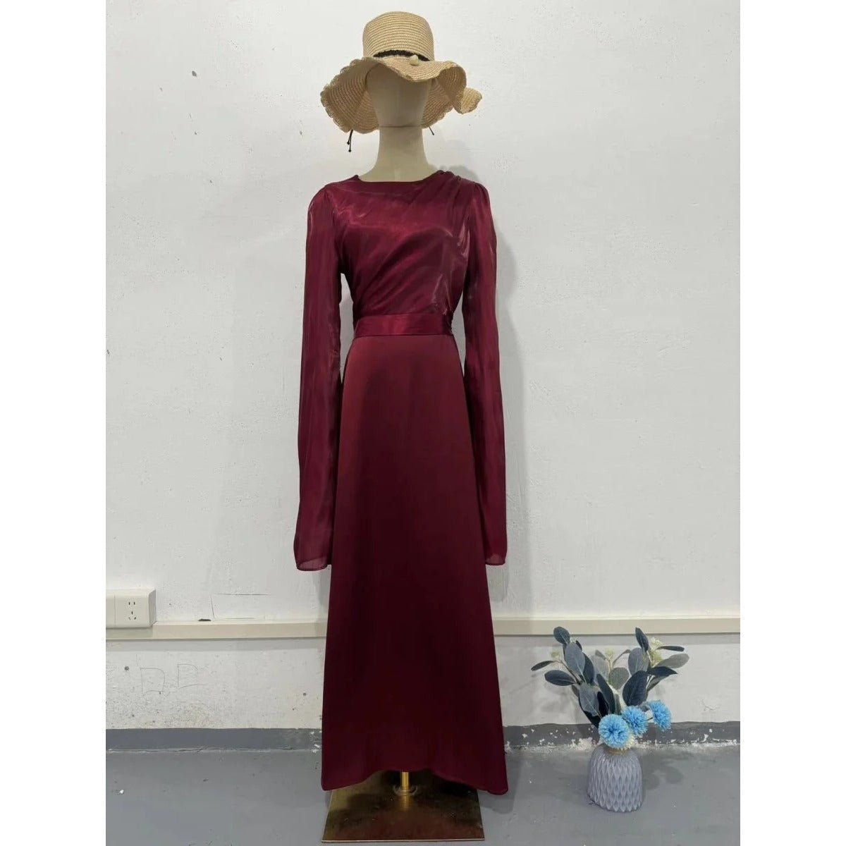Elegant Summer Satin Slim Dress with Glass Yarn Pendulum Sleeves (MA161) - Mariam's Collection