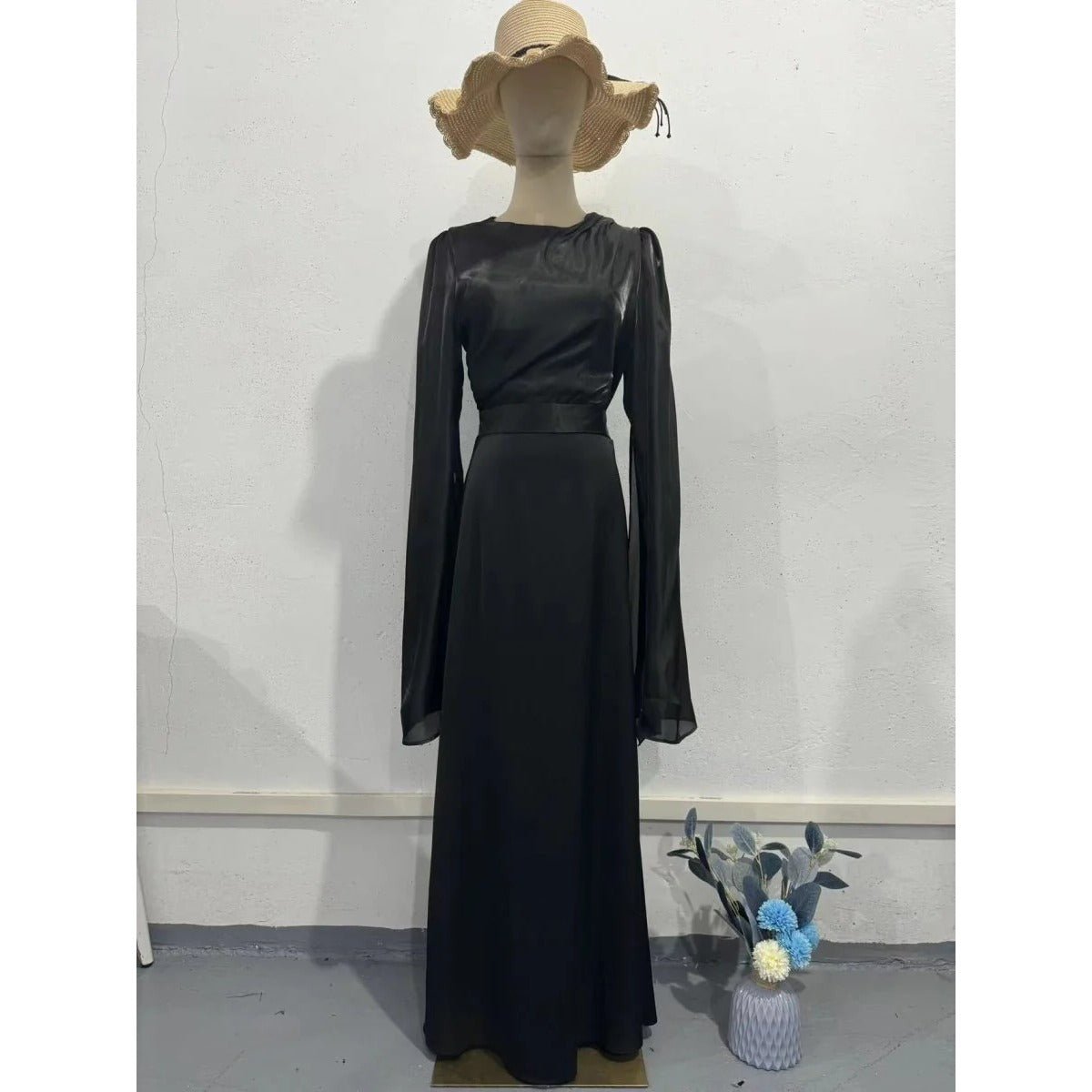 Elegant Summer Satin Slim Dress with Glass Yarn Pendulum Sleeves (MA161) - Mariam's Collection