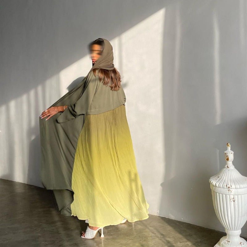 Elegant V - Neck Gradient Pleated Abaya Robe | Modest Muslim Chiffon Cardigan Maxi Dress(MOA223) - Mariam's Collection