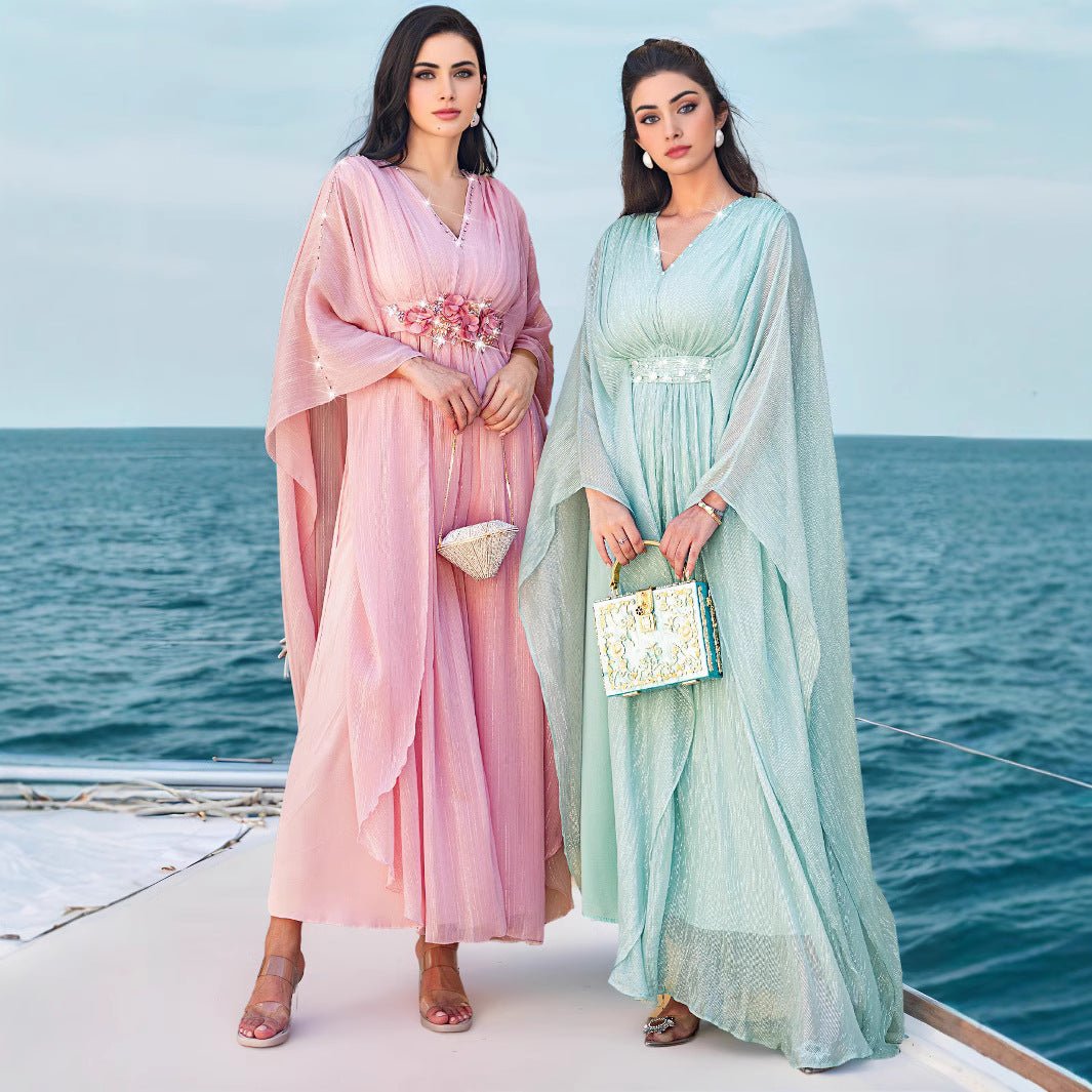 Elegant V - Neck Luxury Hand - Sewn Bead Embellished Travel & Party Abaya Robe Dress. (MA188) - Mariam's Collection