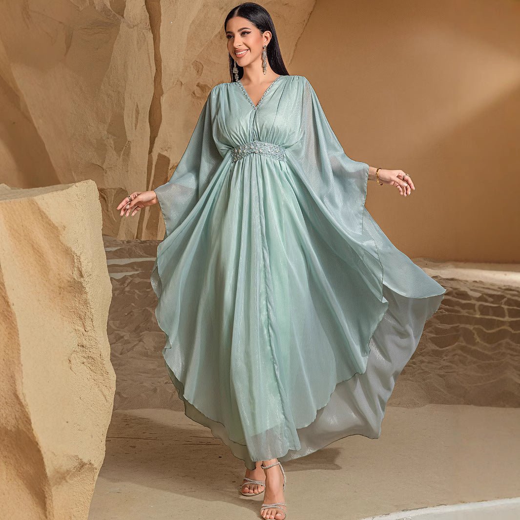 Elegant V - Neck Luxury Hand - Sewn Bead Embellished Travel & Party Abaya Robe Dress. (MA188) - Mariam's Collection