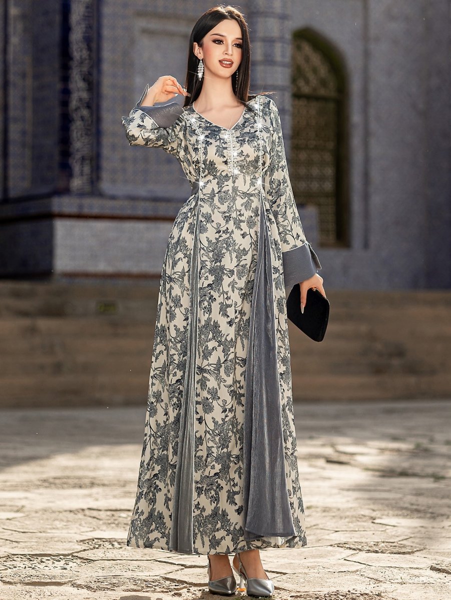 Elegant V - Neck Satin Floral Hand - Stitched Pearl & Crystal Bead Long Sleeve Maxi Dress with Gray Abaya Dress. (MA192) - Mariam's Collection