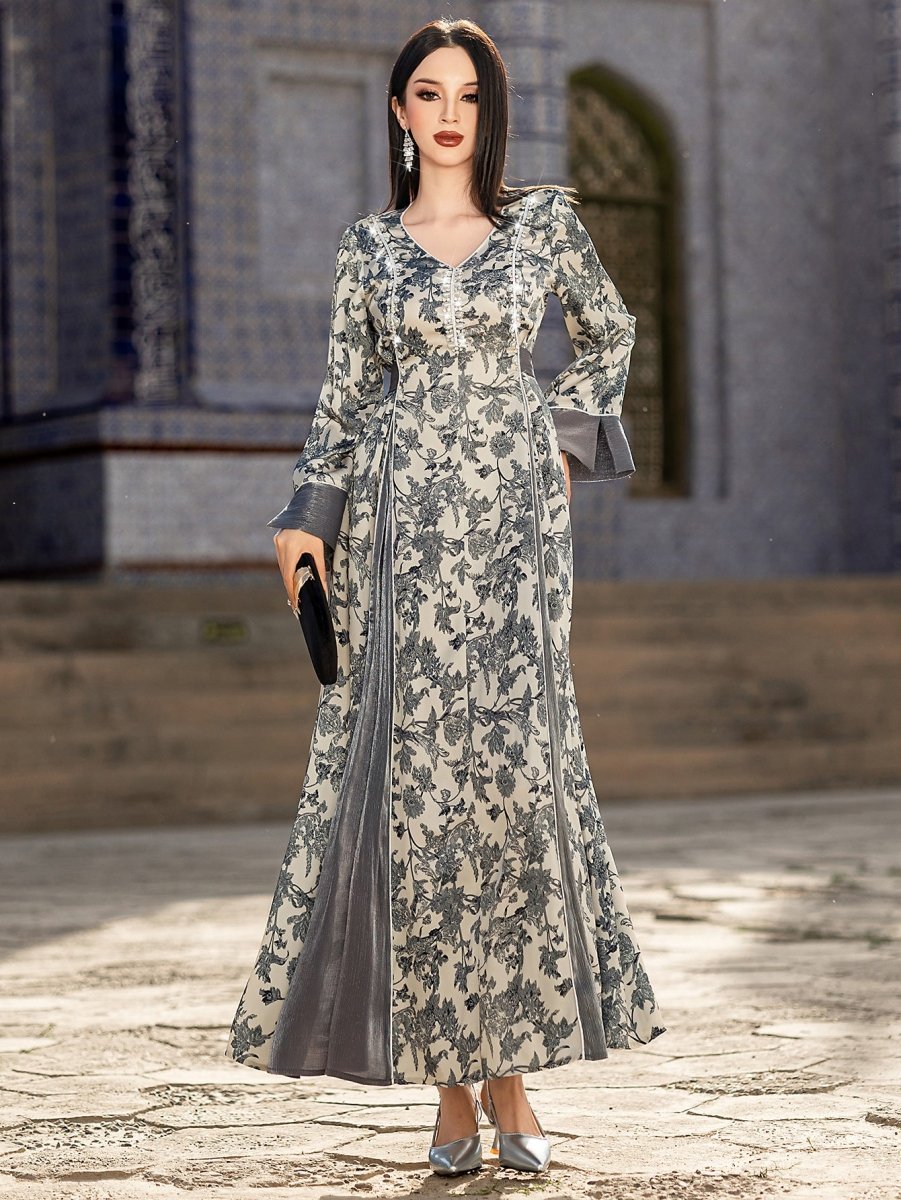 Elegant V - Neck Satin Floral Hand - Stitched Pearl & Crystal Bead Long Sleeve Maxi Dress with Gray Abaya Dress. (MA192) - Mariam's Collection