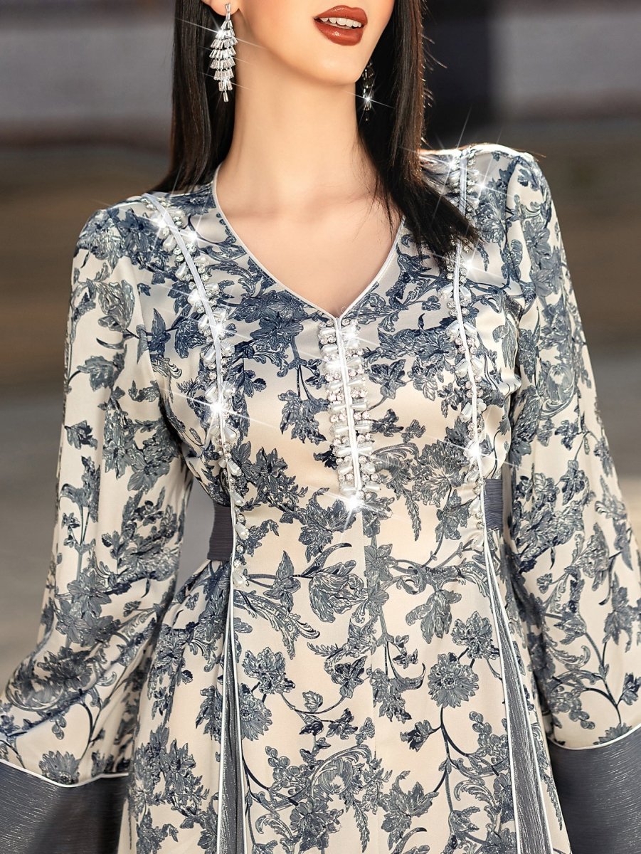 Elegant V - Neck Satin Floral Hand - Stitched Pearl & Crystal Bead Long Sleeve Maxi Dress with Gray Abaya Dress. (MA192) - Mariam's Collection