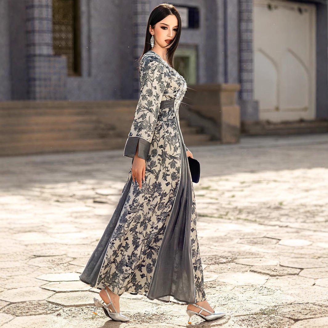 Elegant V - Neck Satin Floral Hand - Stitched Pearl & Crystal Bead Long Sleeve Maxi Dress with Gray Abaya Dress. (MA192) - Mariam's Collection