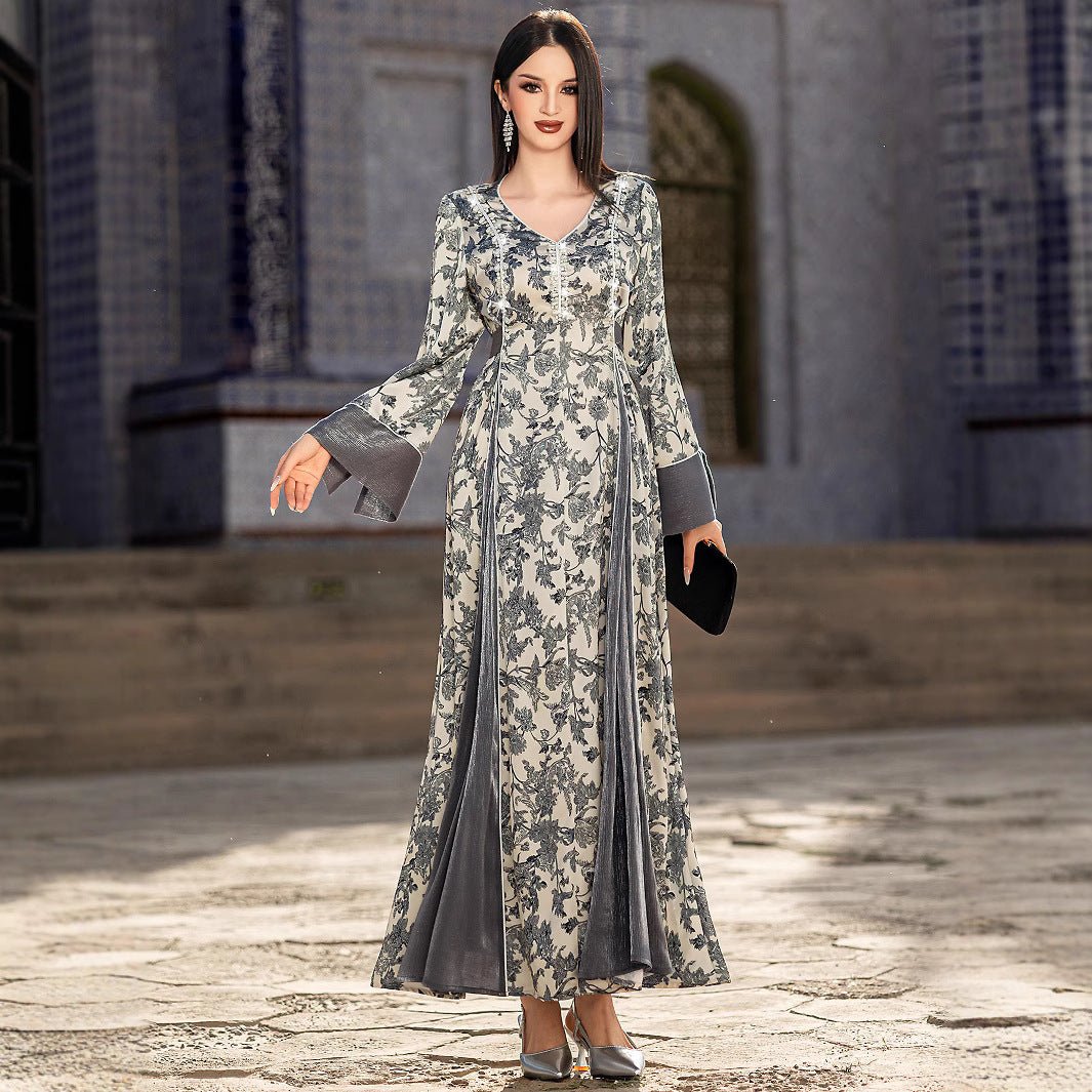 Elegant V - Neck Satin Floral Hand - Stitched Pearl & Crystal Bead Long Sleeve Maxi Dress with Gray Abaya Dress. (MA192) - Mariam's Collection