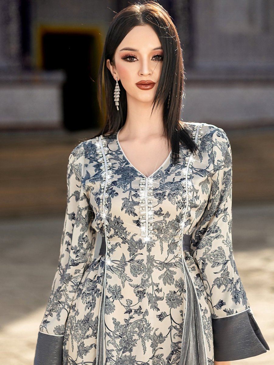 Elegant V - Neck Satin Floral Hand - Stitched Pearl & Crystal Bead Long Sleeve Maxi Dress with Gray Abaya Dress. (MA192) - Mariam's Collection