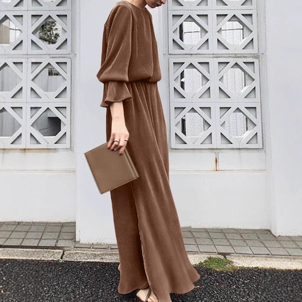 Elegant Vintage Solid Color Maxi Dress | Cinched Waist Long Robe(MA323) - Mariam's Collection