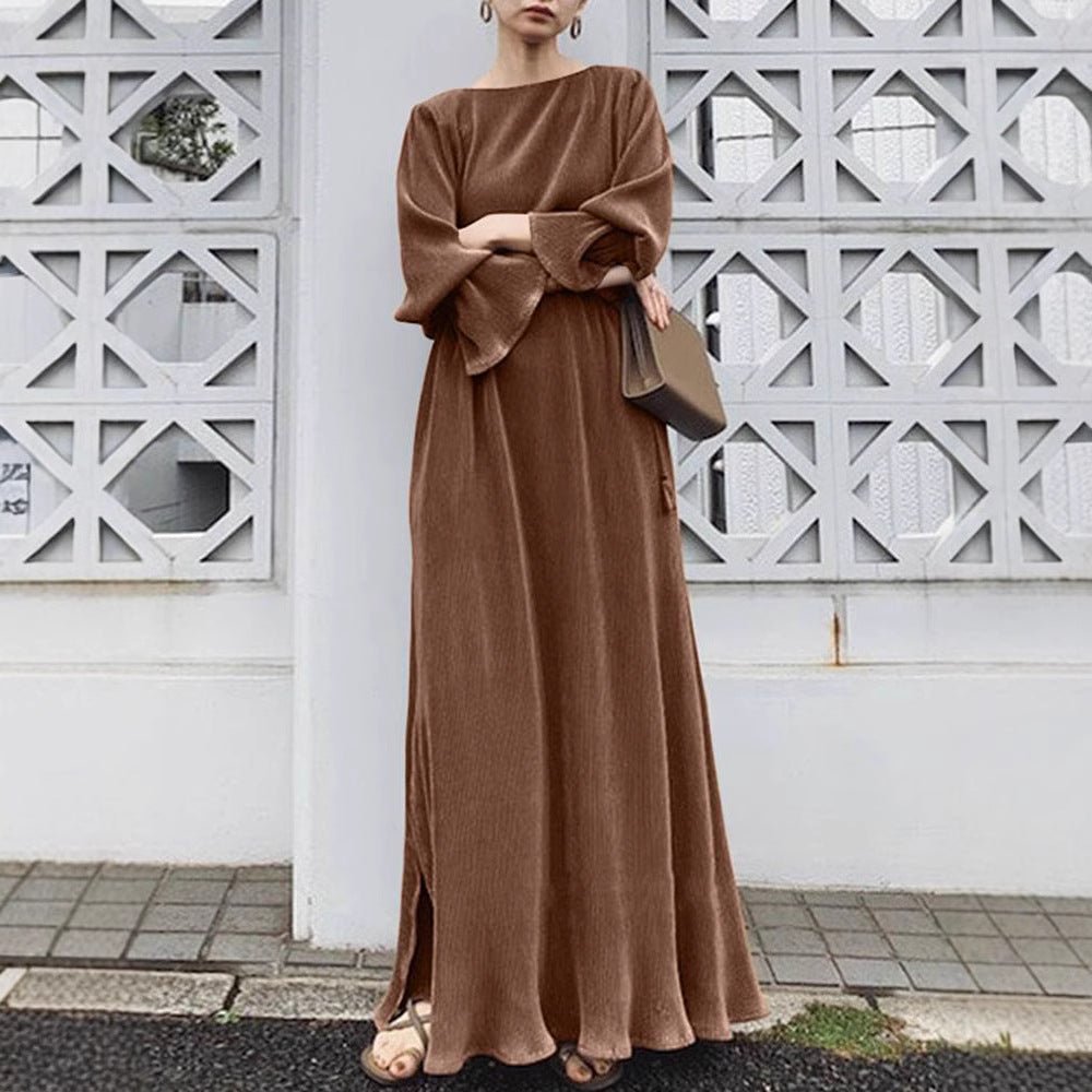 Elegant Vintage Solid Color Maxi Dress | Cinched Waist Long Robe(MA323) - Mariam's Collection