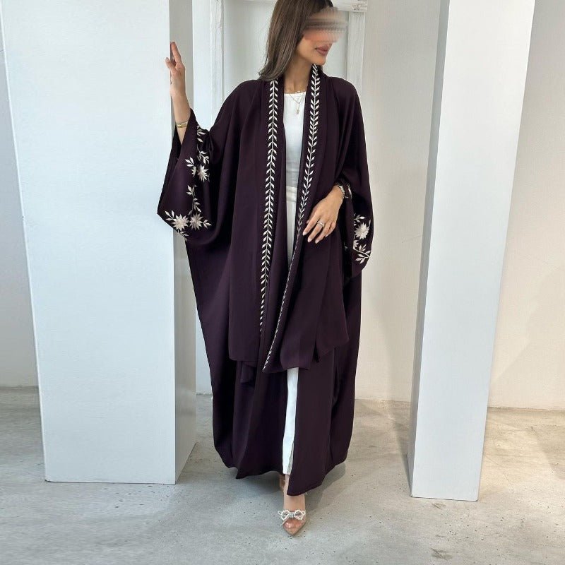 Embroidered Batwing Sleeve Abaya Set | Linen Blend Open Cardigan with Matching Hijab 2 - Piece(MOA233) - Mariam's Collection