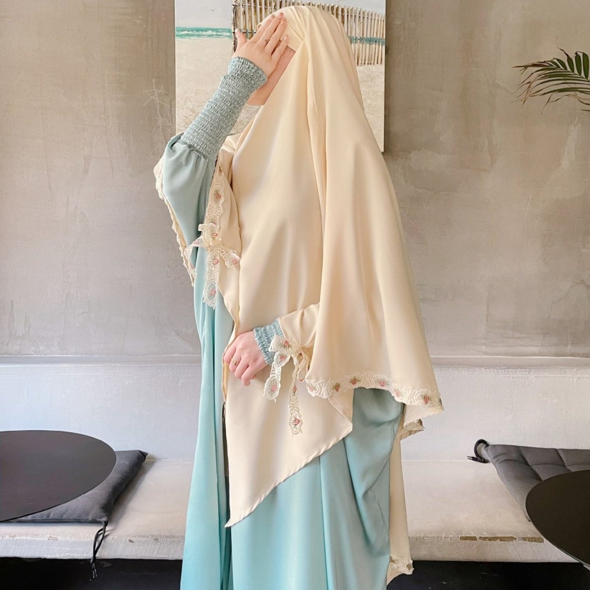 Butterfly bow tie detail on cream beige three-layer prayer khimar
