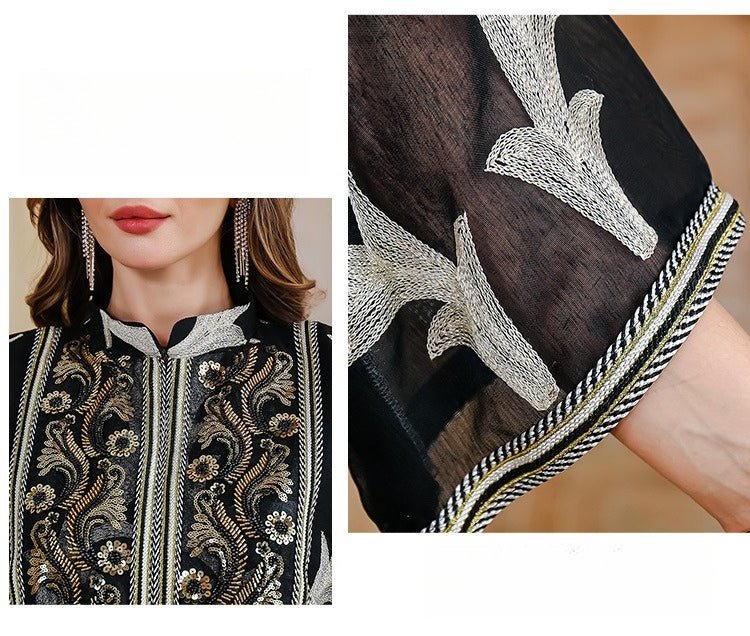 Embroidered mesh party abaya in black with ornate center panel embroidery