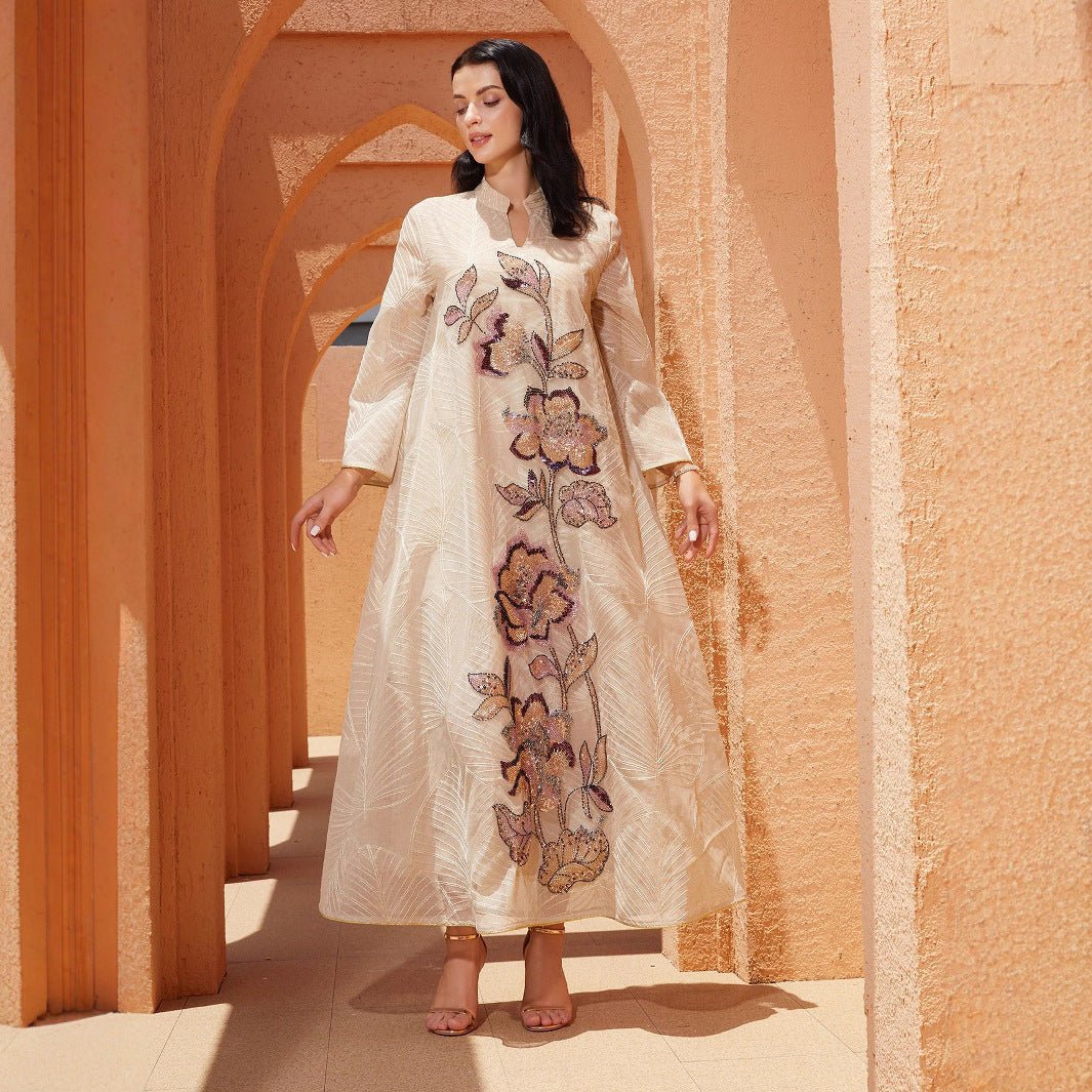Embroidered Organza Abaya with Sequin Appliqués | Collared Floral Gown