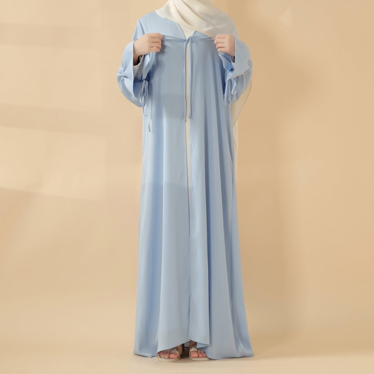 Essential Front Bowknot Ribbon Tie Ruffle Sleeves Crepe Satin Open Abaya (MOA117) - Mariam's Collection