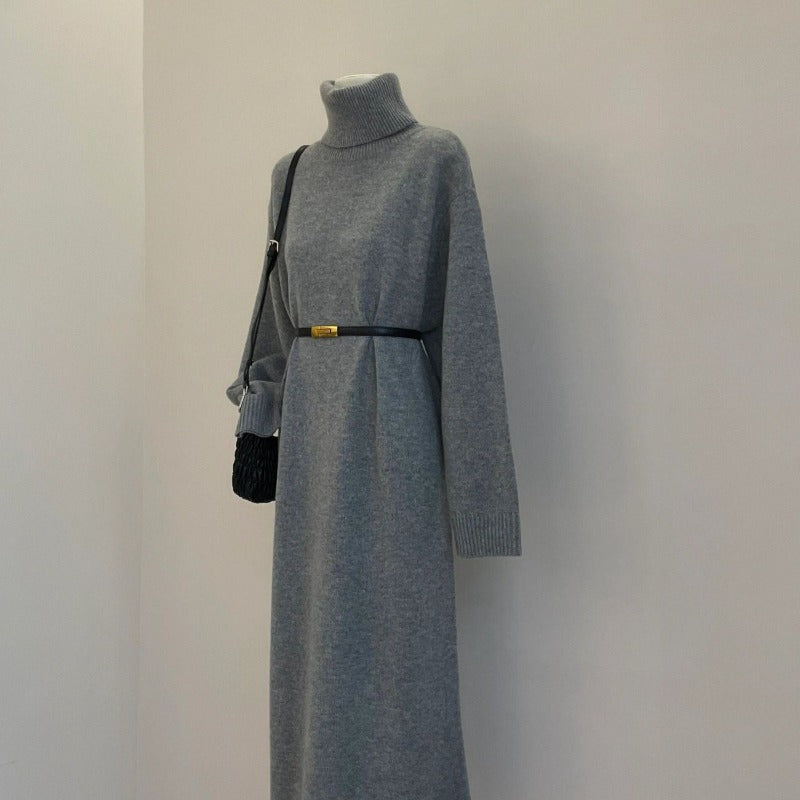 Autumn Winter Turtleneck Knit Maxi Dress | Elegant Lazy Style Grey Long Sleeve Sweater Dress(MS131)