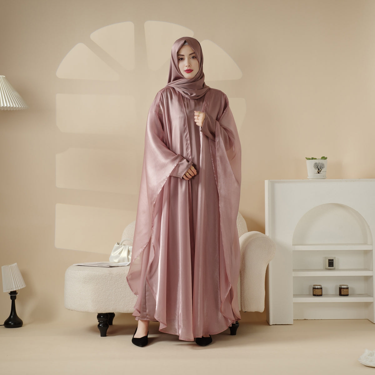 Archive Piece Organza Batwing Open Abaya & Satin Inner Dress Set - MP026 (Size M Only)