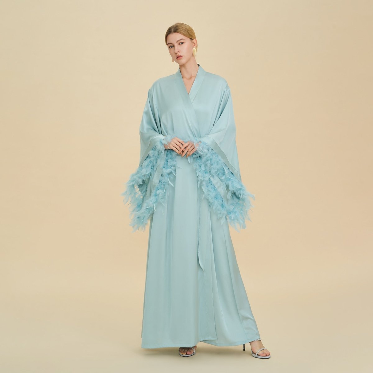 Feather-Trimmed Kimono Robe Abaya — Luxury Kimono Open Abaya