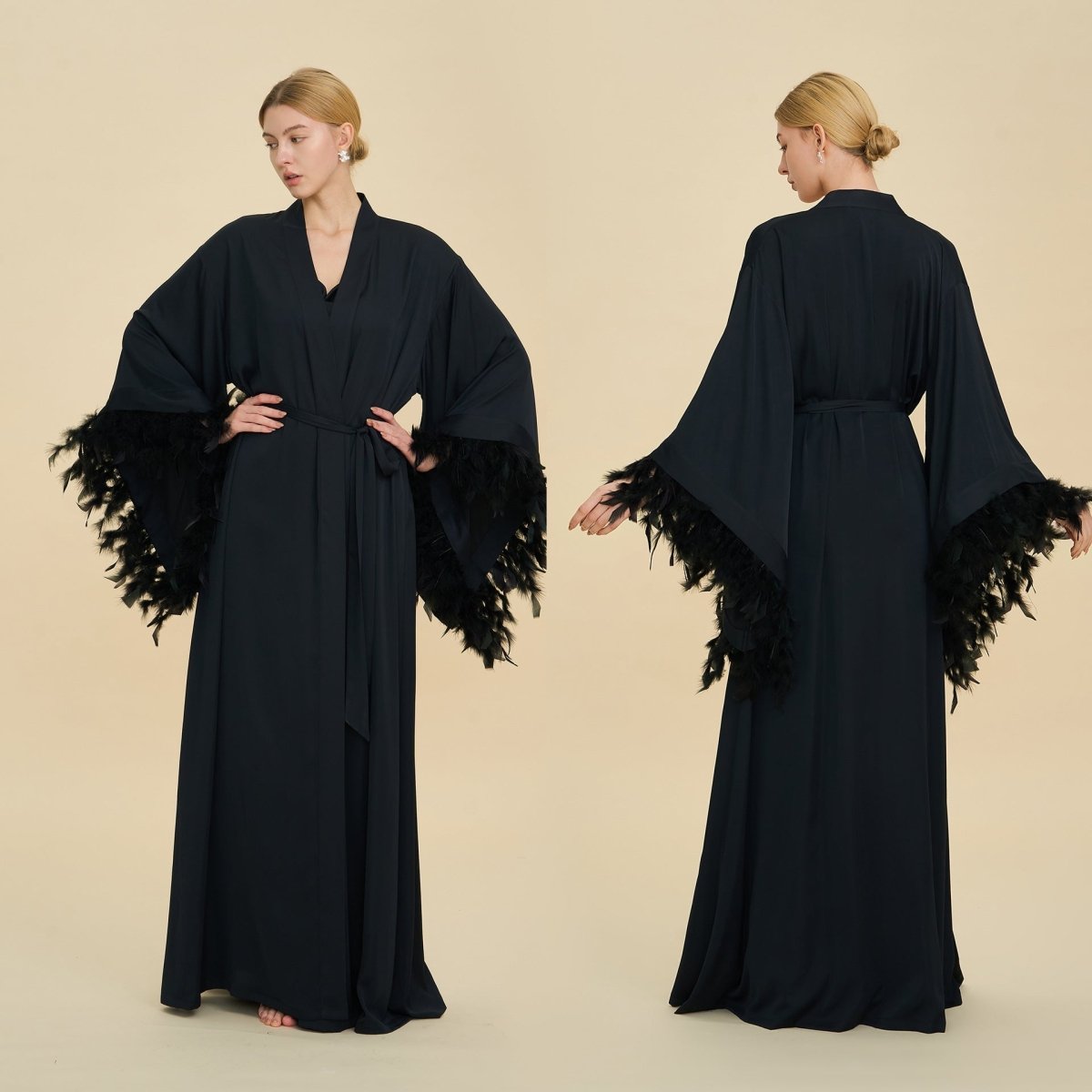Luxury kimono open abaya in black with deep V-neckline and feather trim