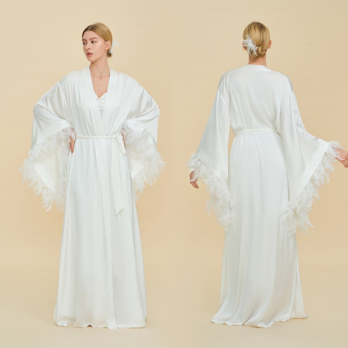 Feather-trimmed kimono robe abaya in white with dramatic feather detail