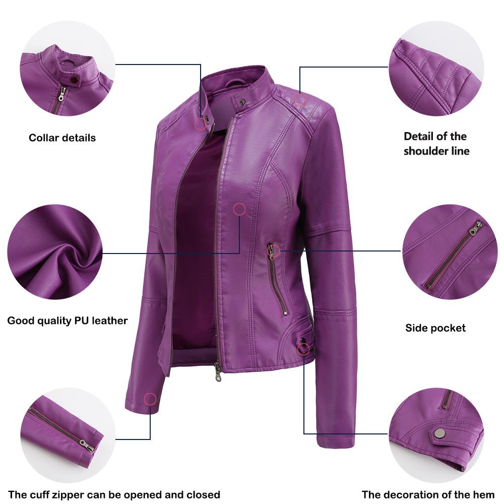 Fitted Moto Jacket | Stand Collar Faux Leather Biker Jacket(MS246) - Mariam's Collection