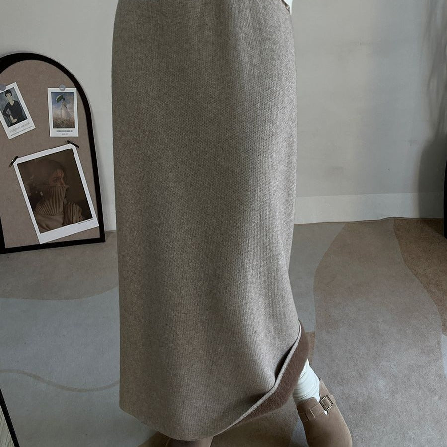 Winter Fleece Midi Skirt | Warm Knit High-Waist Skirt with Side Slit 