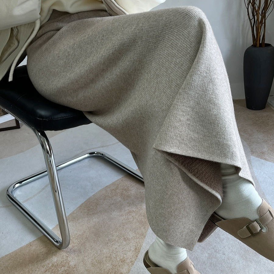 Winter Fleece Midi Skirt | Warm Knit High-Waist Skirt with Side Slit 