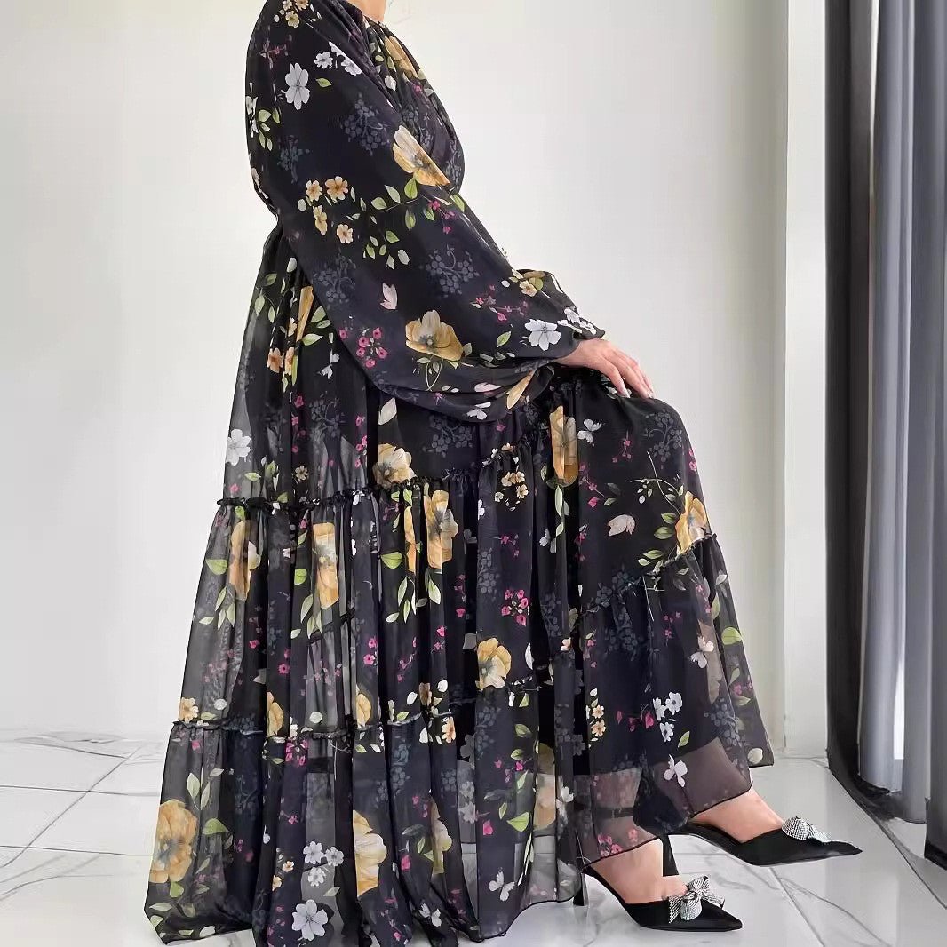 Floral Chiffon Dress with Tiered Ruffle Skirt(MA401) - Mariam's Collection