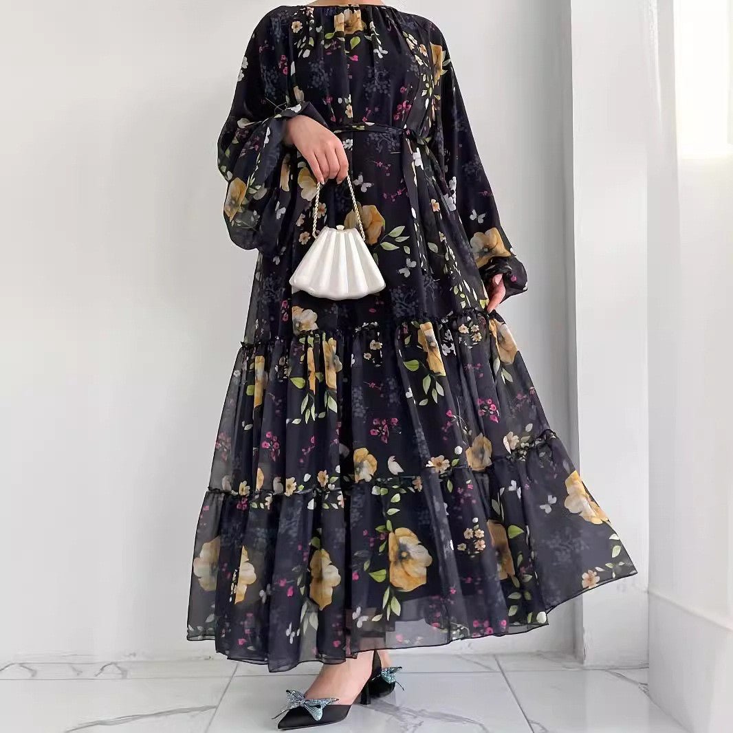Floral Chiffon Dress with Tiered Ruffle Skirt(MA401) - Mariam's Collection