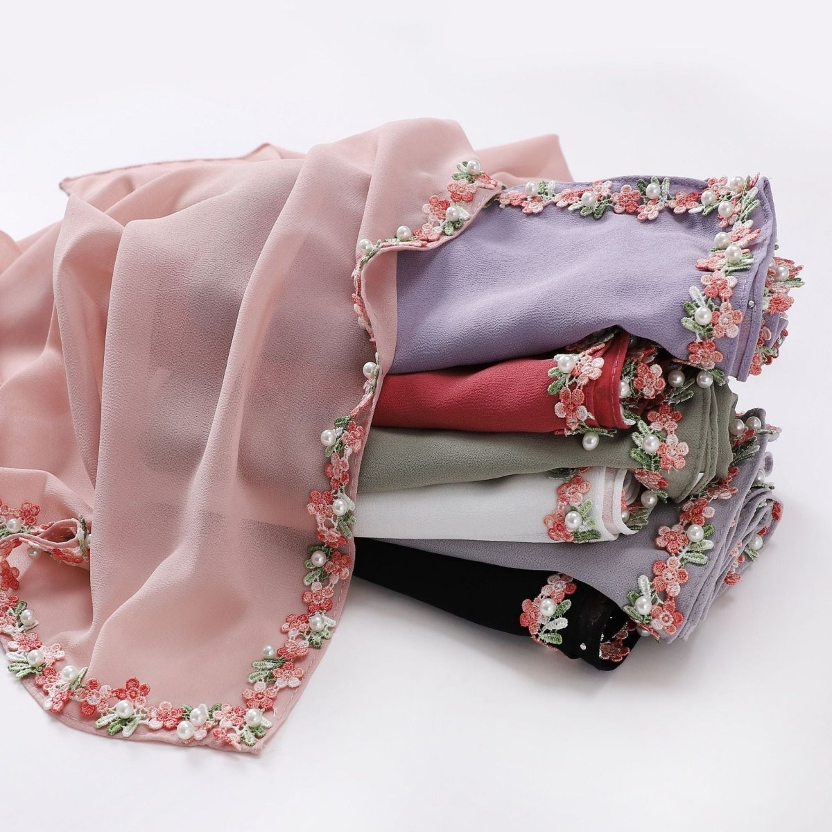 Floral Embellished Chiffon Hijab Scarf — Pearl Trim Modest Headscarf