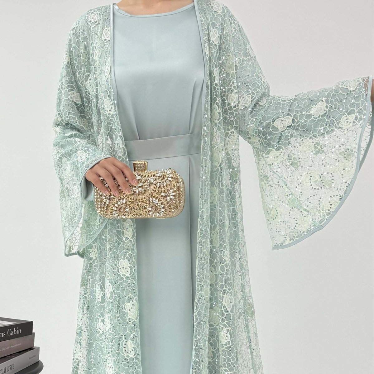 Floral Lace Abaya, Elegant Bell Sleeve Open Abaya 2 - Piece Set (MOA142) - Mariam's Collection