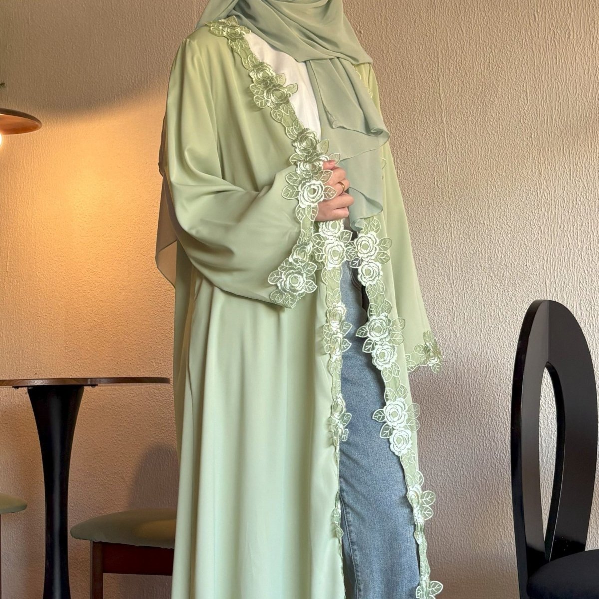 Floral Lace Trim Abaya with Hijab