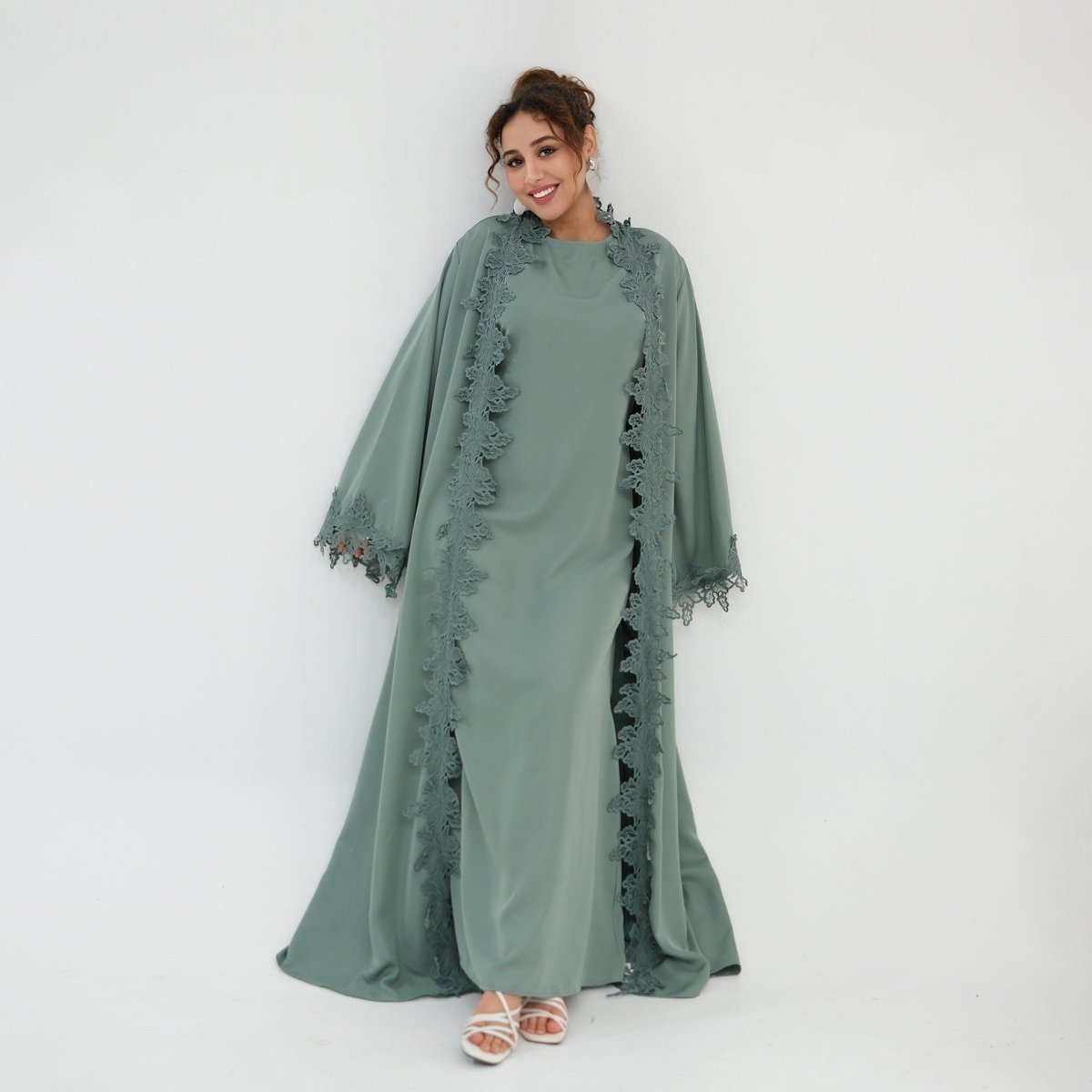 Evening occasion styling of lace trim abaya set