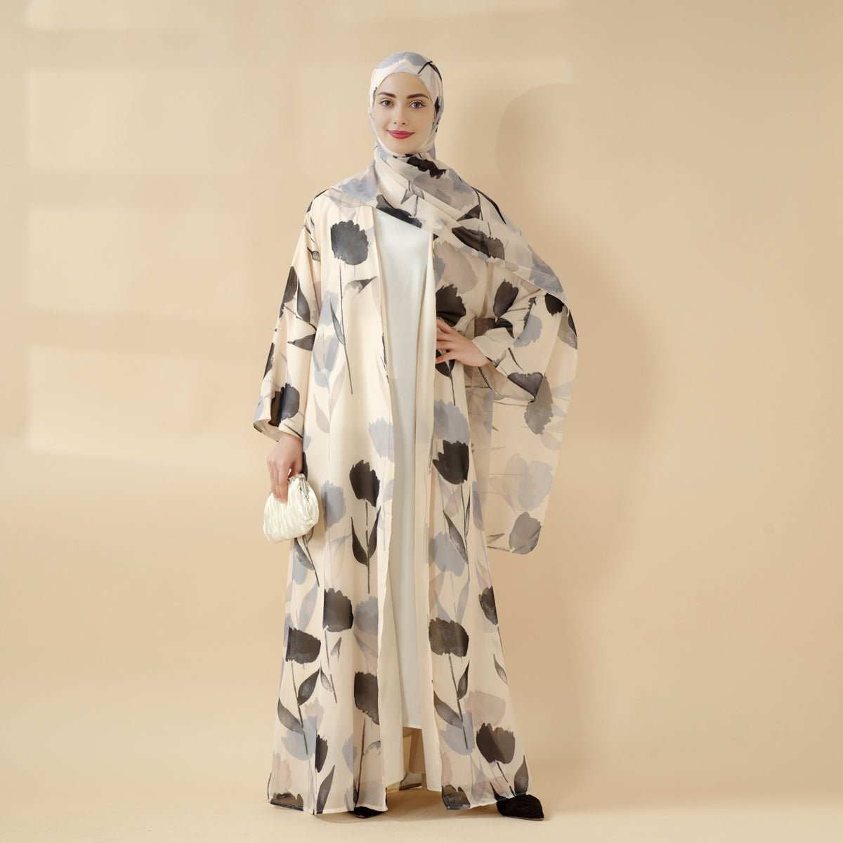 Floral Pattern 2 - Piece Set Lightweight Printed Open Abaya (MOA124) - Mariam's Collection