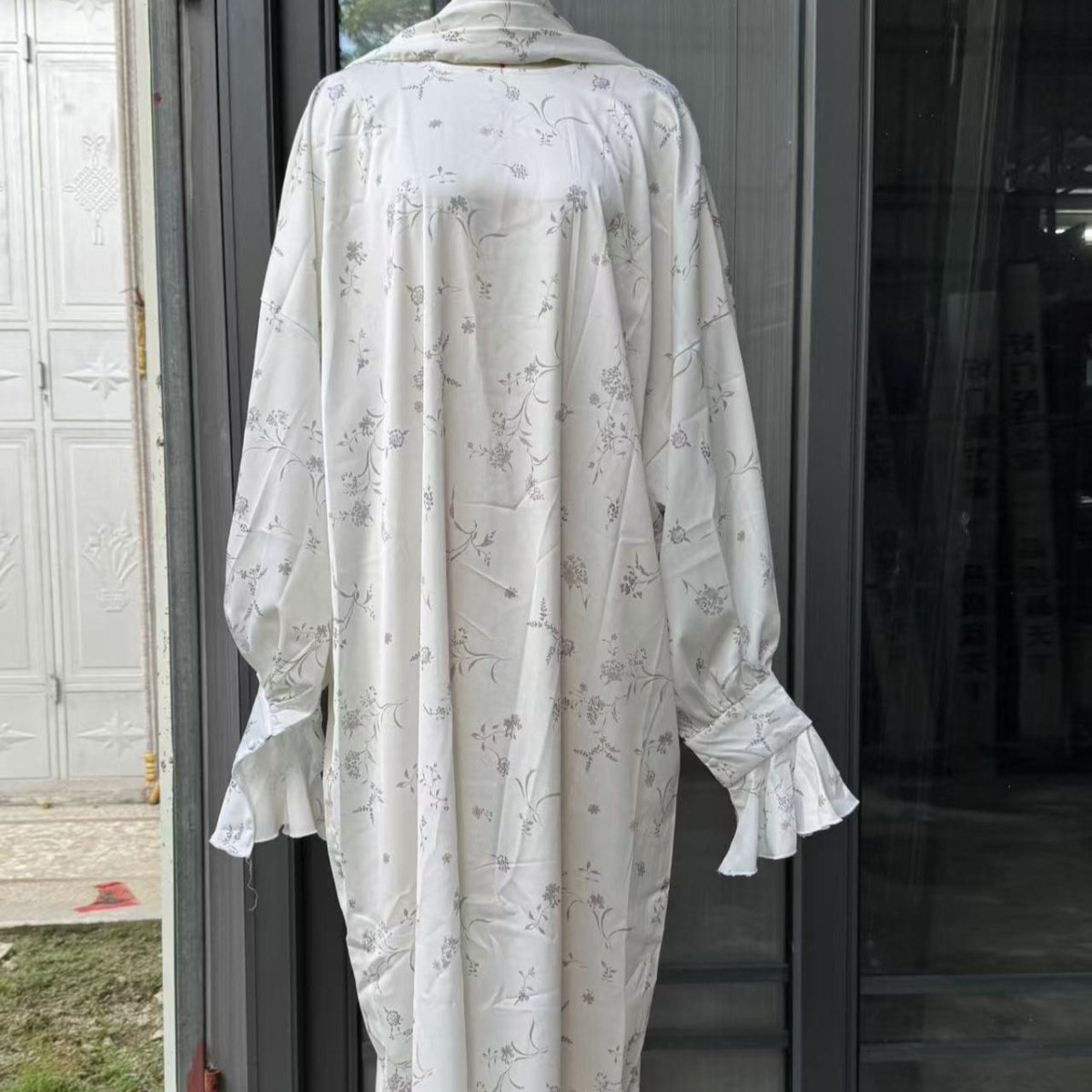 Modest abaya hijab set with high gathered neckline and long bishop sleeves