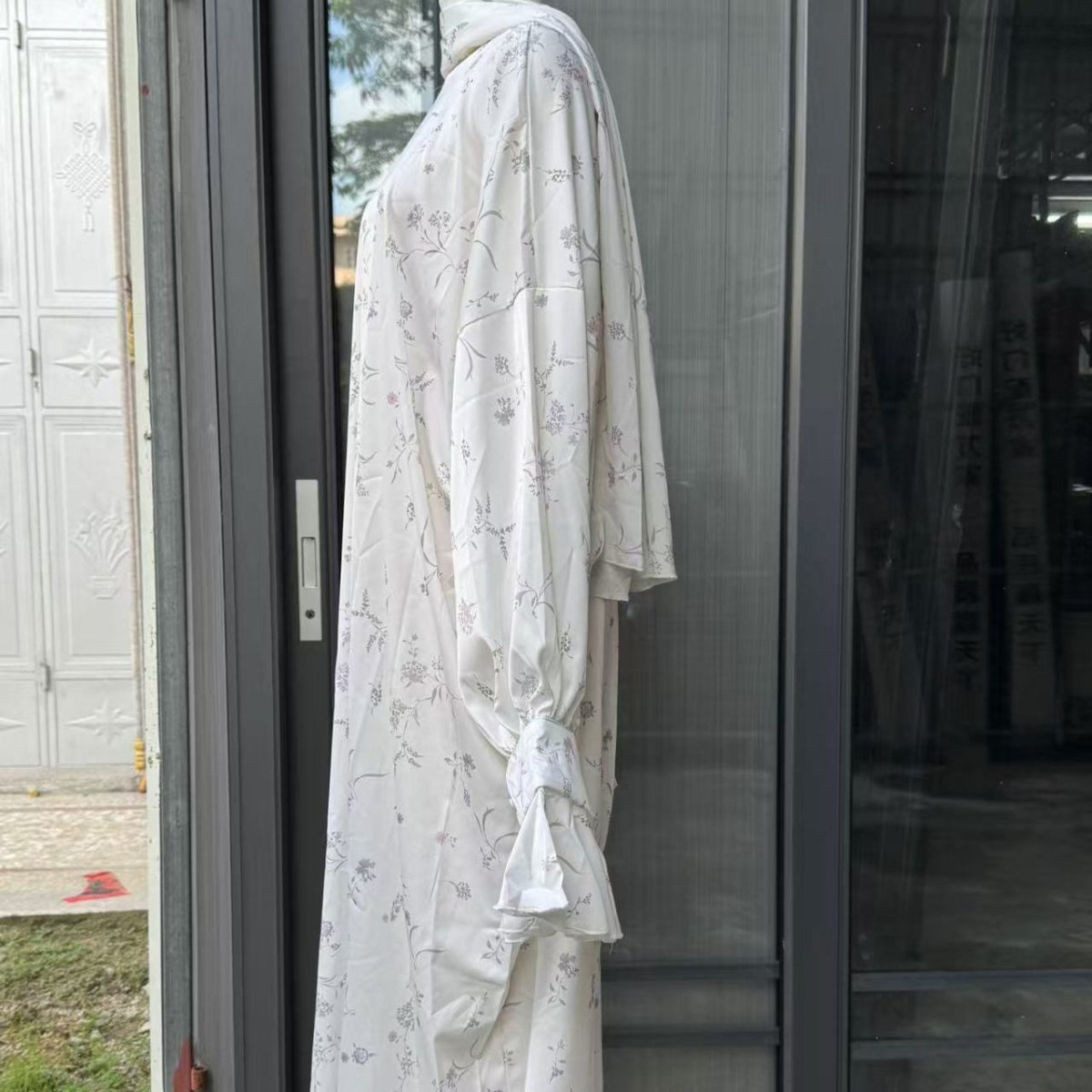 Lavender purple floral abaya with coordinated matching hijab scarf
