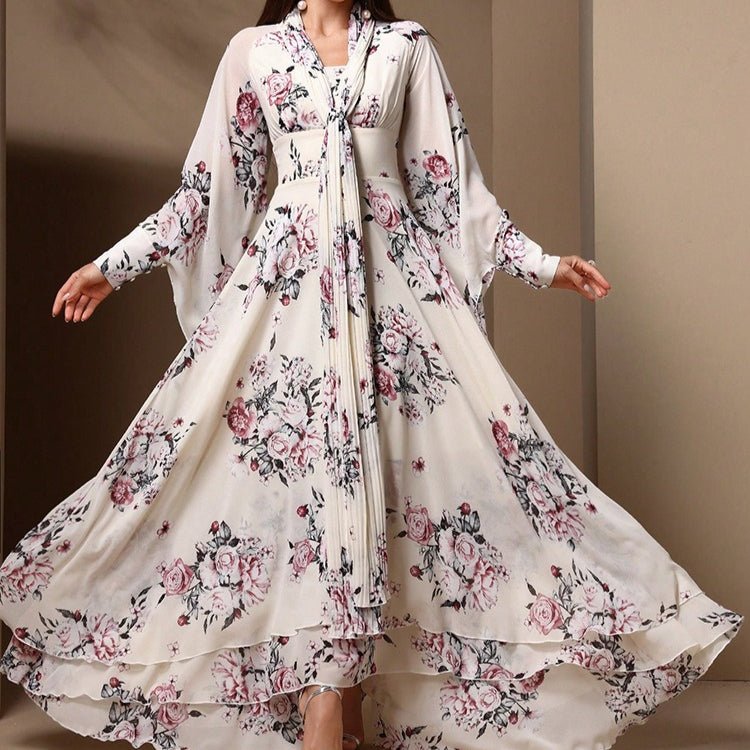 Floral Print Chiffon Kimono Dress – Modest Ruffle Abaya