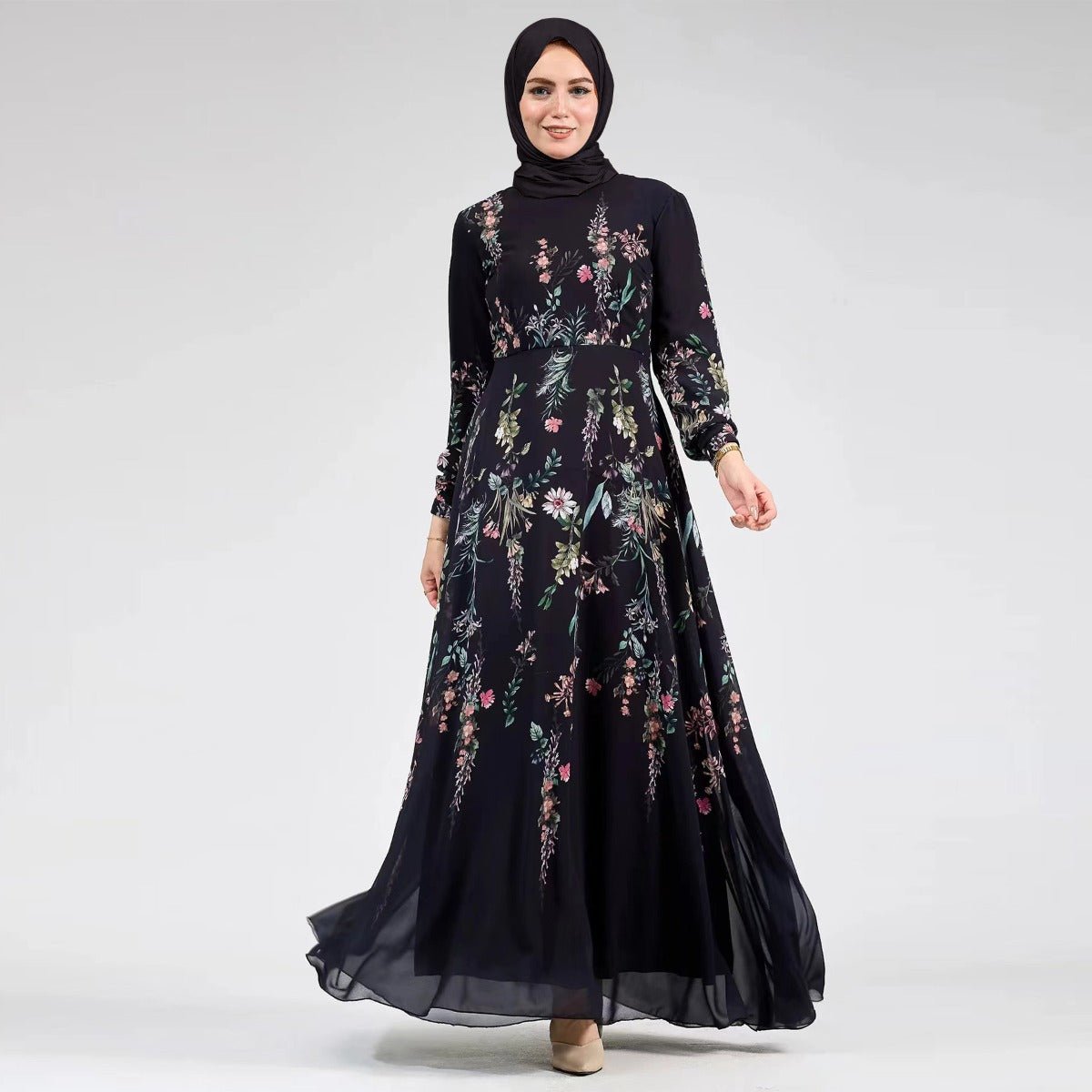 Floral Print Chiffon Maxi Dress | Modest High Neck Long Sleeve Dress with Belt. (MA238) - Mariam's Collection