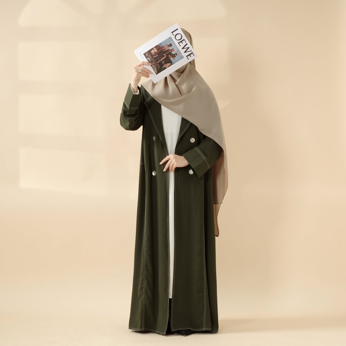 Forest Green Contrast Stitching Double - Breasted Trench Coat Thin Open Abaya (MOA122) - Mariam's Collection