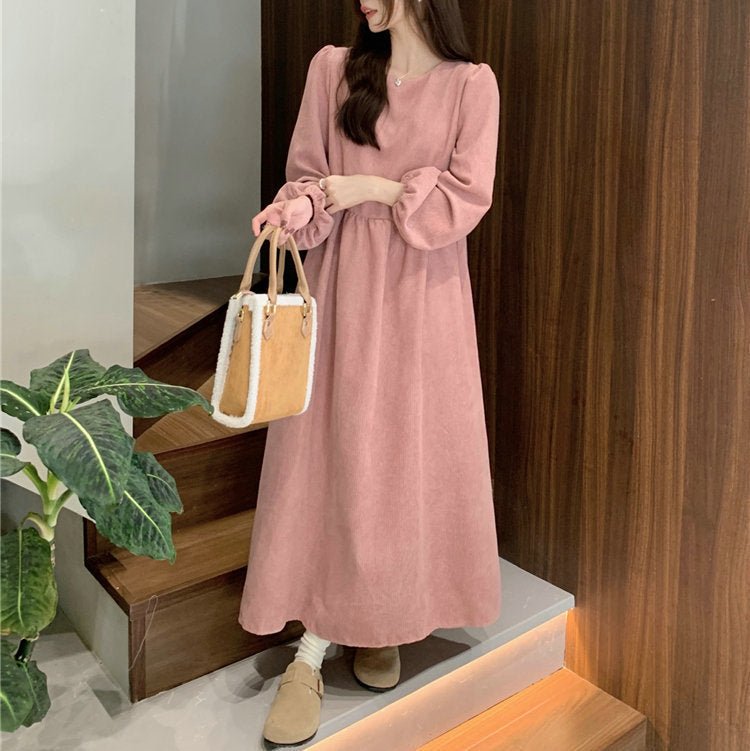 French Corduroy Lantern Sleeve Maxi Dress | Elastic Cuff Gathered Dress(MS206) - Mariam's Collection