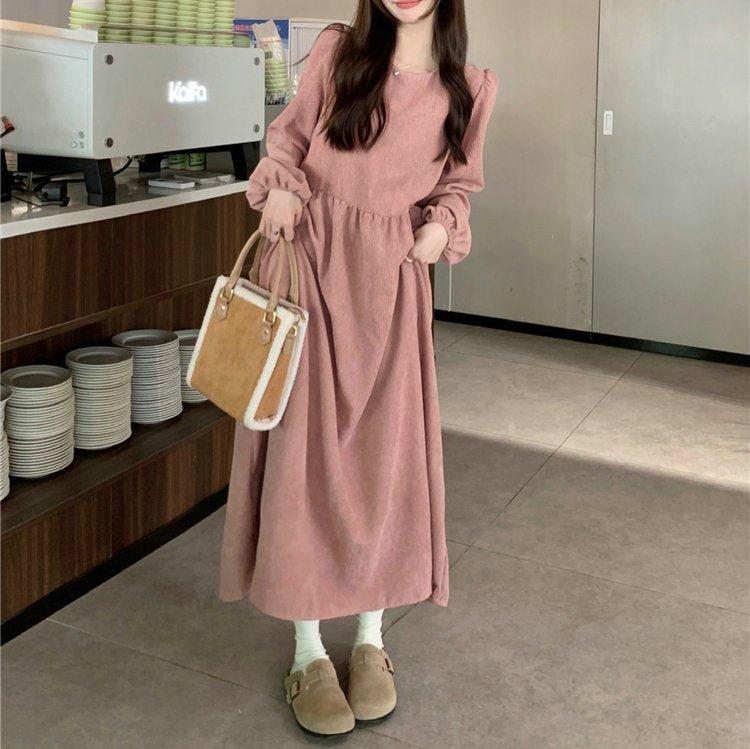 French Corduroy Lantern Sleeve Maxi Dress | Elastic Cuff Gathered Dress(MS206) - Mariam's Collection