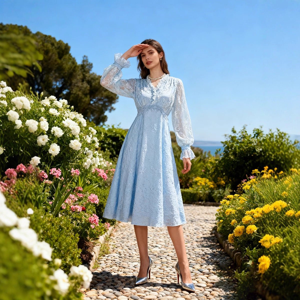 French Lace V - Neck Maxi Dress(MS361) - Mariam's Collection