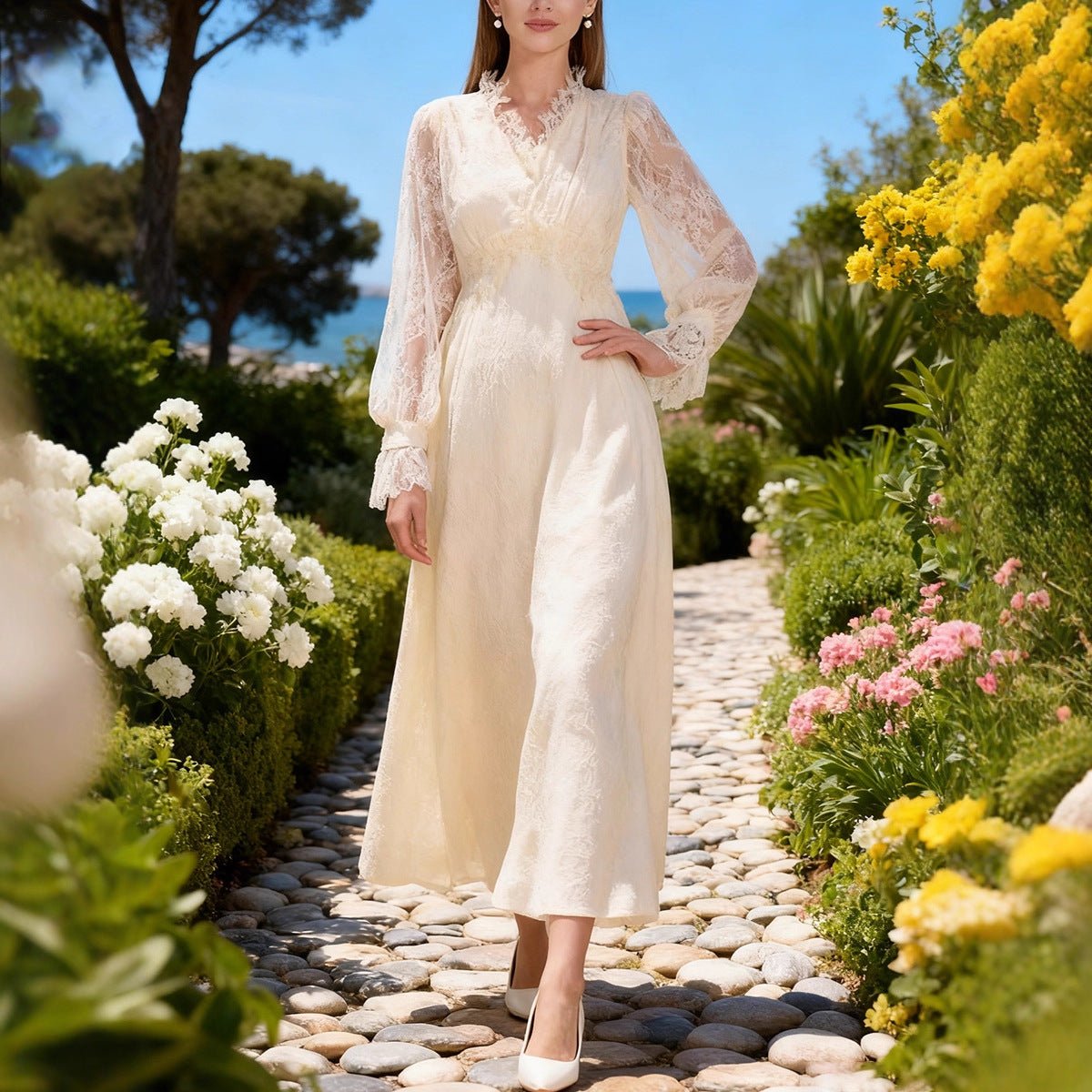 French Lace V - Neck Maxi Dress(MS361) - Mariam's Collection