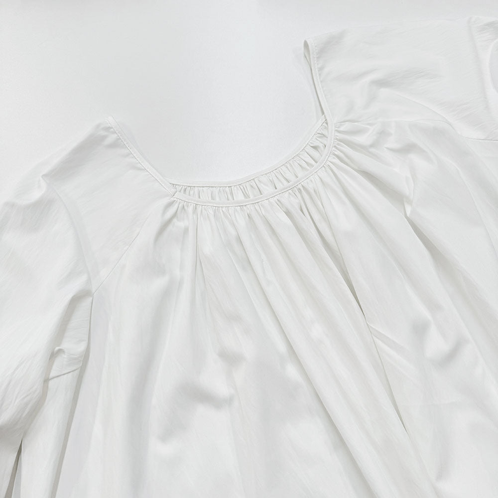 Elastic gathered neckline detail on French loungewear maxi dress